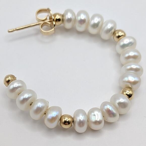 14k Yellow Gold Beaded Freshwater Pearls Open Hoop Pierced Earrings 28mm 4.5g - Picture 2 of 8